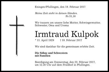Anzeige von Irmtraud Kulpok von Reutlinger General-Anzeiger