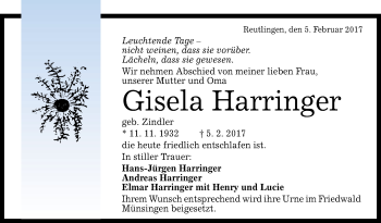 Anzeige von Gisela Harringer von Reutlinger Generalanzeiger