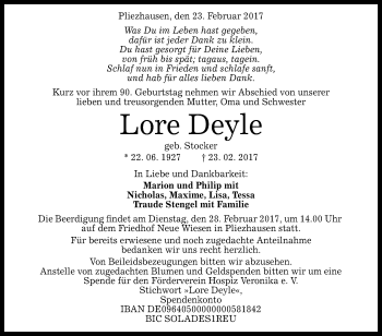 Anzeige von Lore Deyle von Reutlinger General-Anzeiger