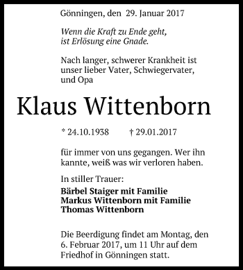 Anzeige von Klaus Wittenborn von Reutlinger Generalanzeiger