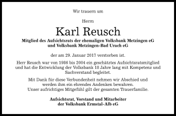 Anzeige von Karl Reusch von Reutlinger Generalanzeiger