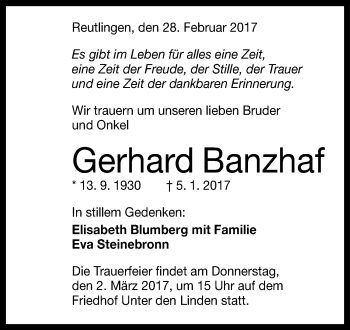 Anzeige von Gerhard Banzhaf von Reutlinger General-Anzeiger