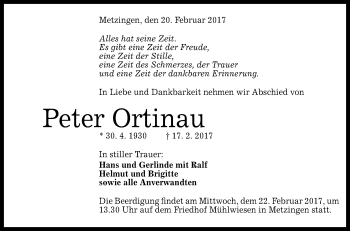 Anzeige von Peter Ortinau von Reutlinger Generalanzeiger