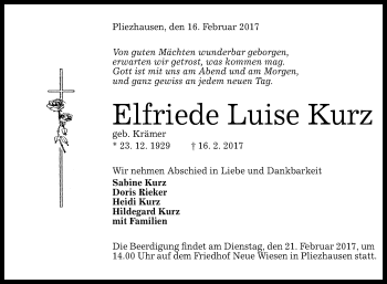 Anzeige von Elfriede Luise Kurz von Reutlinger Generalanzeiger