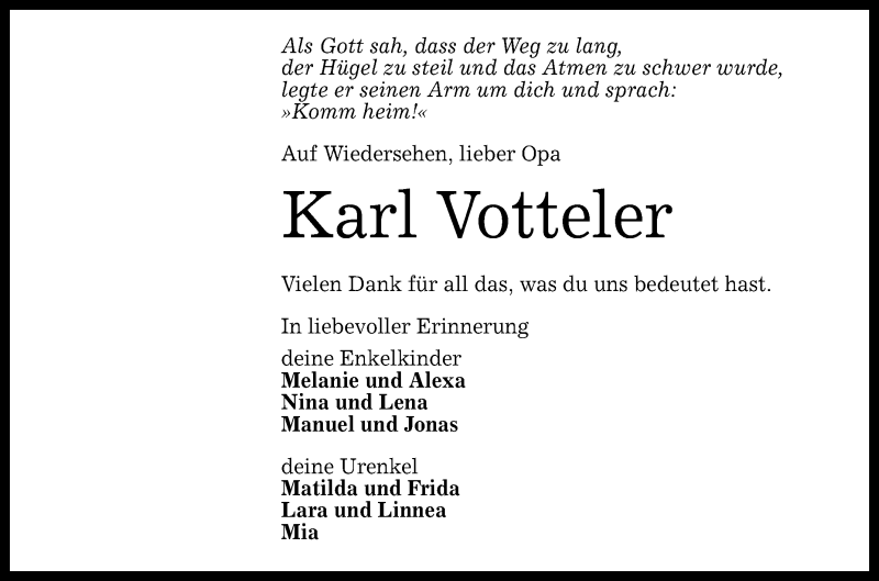  Traueranzeige für Karl Votteler vom 13.02.2017 aus Reutlinger Generalanzeiger