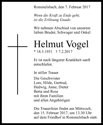 Anzeige von Helmut Vogel von Reutlinger Generalanzeiger