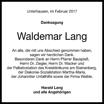 Anzeige von Waldemar Lang von Reutlinger General-Anzeiger