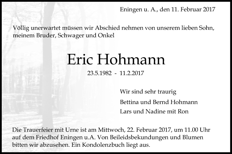  Traueranzeige für Eric Hohmann vom 18.02.2017 aus Reutlinger Generalanzeiger