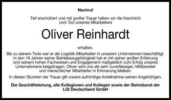 Anzeige von Oliver Reinhardt von Reutlinger Generalanzeiger