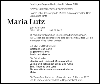 Anzeige von Maria Lutz von Reutlinger Generalanzeiger