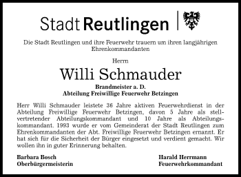 Anzeige von Willi Schmauder von Reutlinger Generalanzeiger