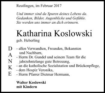 Anzeige von Katharina Koslowski von Reutlinger Generalanzeiger
