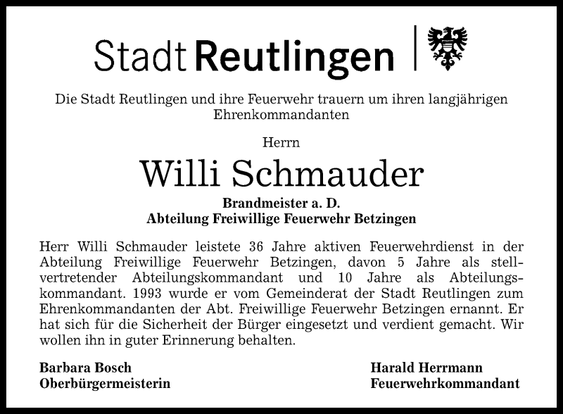  Traueranzeige für Willi Schmauder vom 20.02.2017 aus Reutlinger Generalanzeiger