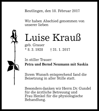 Anzeige von Luise Krauß von Reutlinger Generalanzeiger