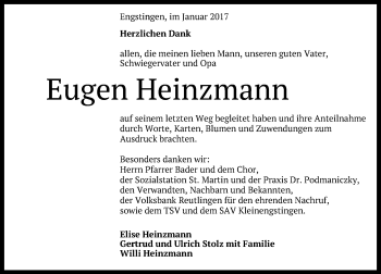 Anzeige von Eugen Heinzmann von Reutlinger Generalanzeiger