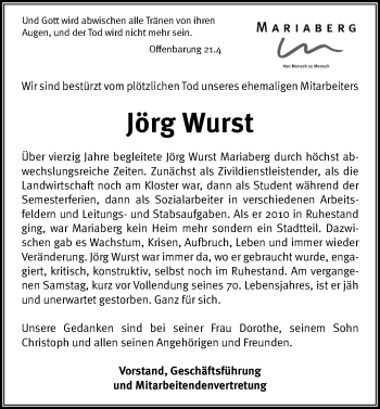 Anzeige von Jörg Wurst von Reutlinger Generalanzeiger