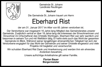 Anzeige von Eberhard Rist von Reutlinger Generalanzeiger