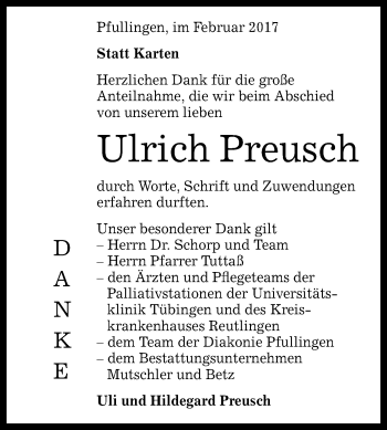 Anzeige von Ulrich Preusch von Reutlinger General-Anzeiger