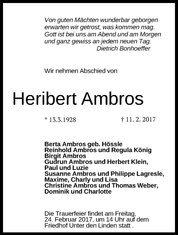 Anzeige von Heribert Ambros von Reutlinger Generalanzeiger