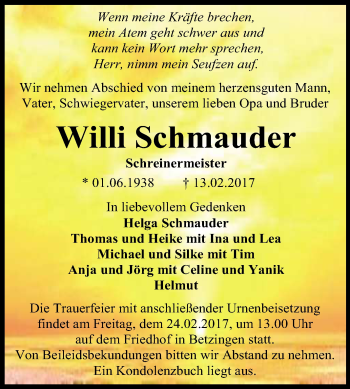 Anzeige von Willi Schmauder von Reutlinger Generalanzeiger