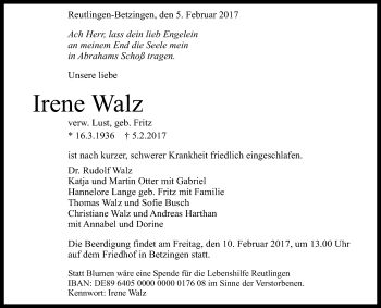 Anzeige von Irene Walz von Reutlinger Generalanzeiger