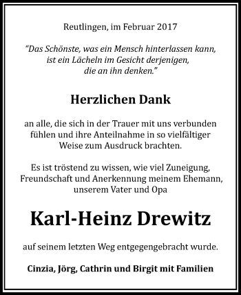 Anzeige von Karl-Heinz Drewitz von Reutlinger Generalanzeiger