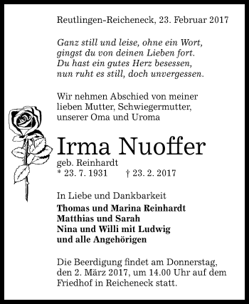 Anzeige von Irma Nuoffer von Reutlinger General-Anzeiger