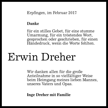 Anzeige von Erwin Dreher von Reutlinger Generalanzeiger