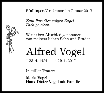 Anzeige von Alfred Vogel von Reutlinger Generalanzeiger