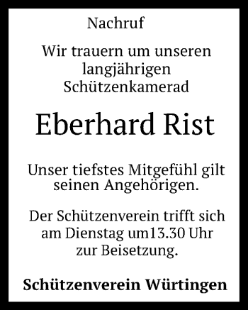 Anzeige von Eberhard Rist von Reutlinger Generalanzeiger
