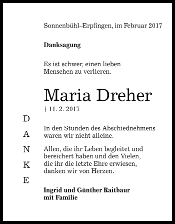 Anzeige von Maria Dreher von Reutlinger General-Anzeiger