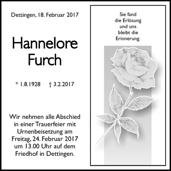 Anzeige von Hannelore Furch von Reutlinger Generalanzeiger