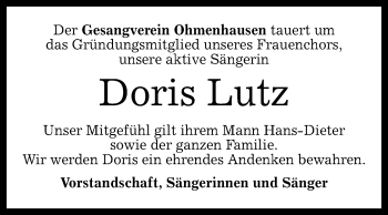 Anzeige von Doris Lutz von Reutlinger General-Anzeiger