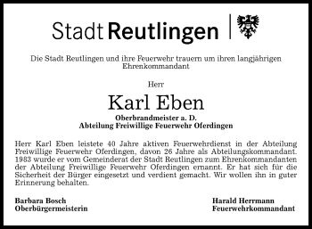 Anzeige von Karl Eben von Reutlinger Generalanzeiger