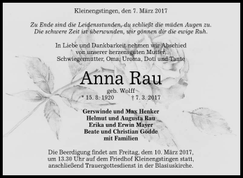 Anzeige von Anna Rau von Reutlinger General-Anzeiger