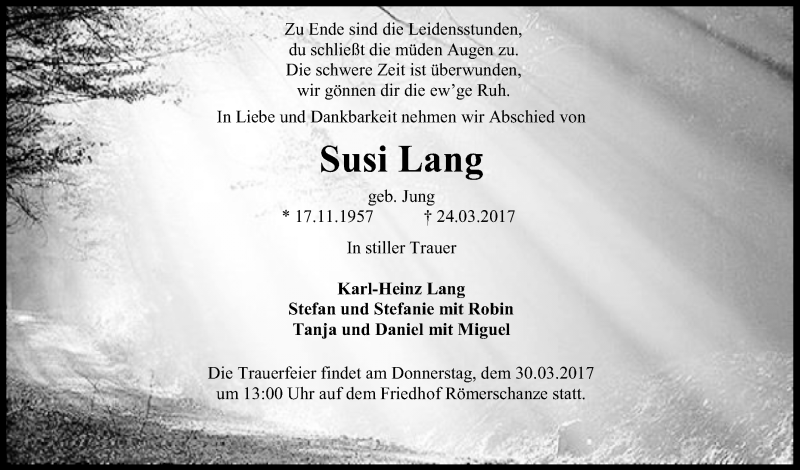  Traueranzeige für Susi Lang vom 28.03.2017 aus Reutlinger General-Anzeiger