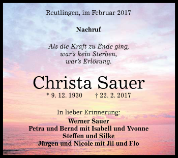 Anzeige von Christa Sauer von Reutlinger General-Anzeiger