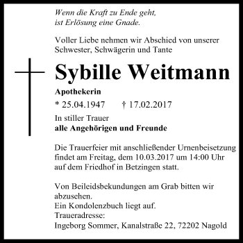 Anzeige von Sybille Weitmann von Reutlinger General-Anzeiger