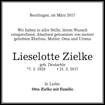 Anzeige von Lieselotte Zielke von Reutlinger General-Anzeiger