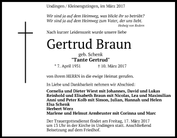 Anzeige von Gertrud Braun von Reutlinger General-Anzeiger