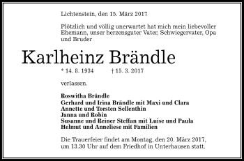 Anzeige von Karlheinz Brändle von Reutlinger General-Anzeiger