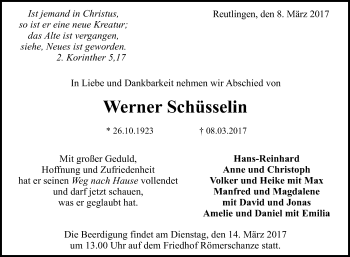 Anzeige von Werner Schüsselin von Reutlinger General-Anzeiger