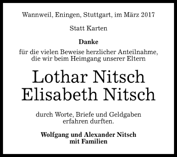 Anzeige von Elisabeth Nitsch von Reutlinger General-Anzeiger