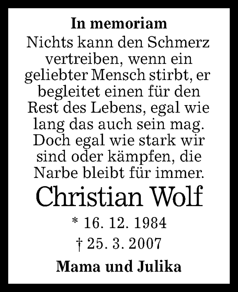  Traueranzeige für Christian Wolf vom 25.03.2017 aus Reutlinger General-Anzeiger