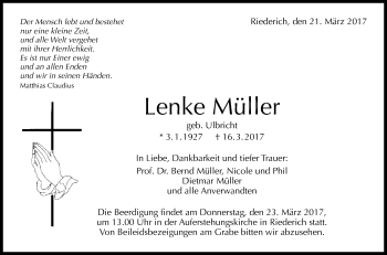 Anzeige von Lenke Müller von Reutlinger General-Anzeiger