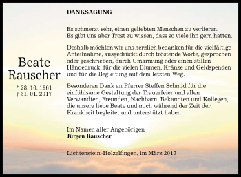 Anzeige von Beate Rauscher von Reutlinger General-Anzeiger
