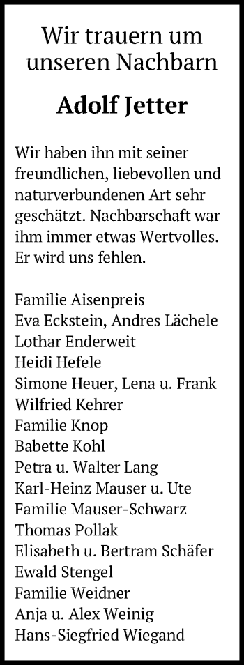 Anzeige von Adolf Jetter von Reutlinger General-Anzeiger