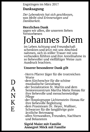 Anzeige von Johannes Diem von Reutlinger General-Anzeiger