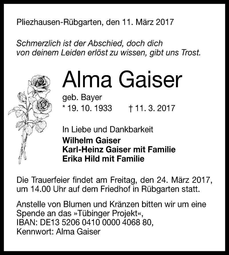  Traueranzeige für Alma Gaiser vom 18.03.2017 aus Reutlinger General-Anzeiger