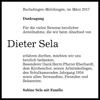 Anzeige von Dieter Sela von Reutlinger General-Anzeiger